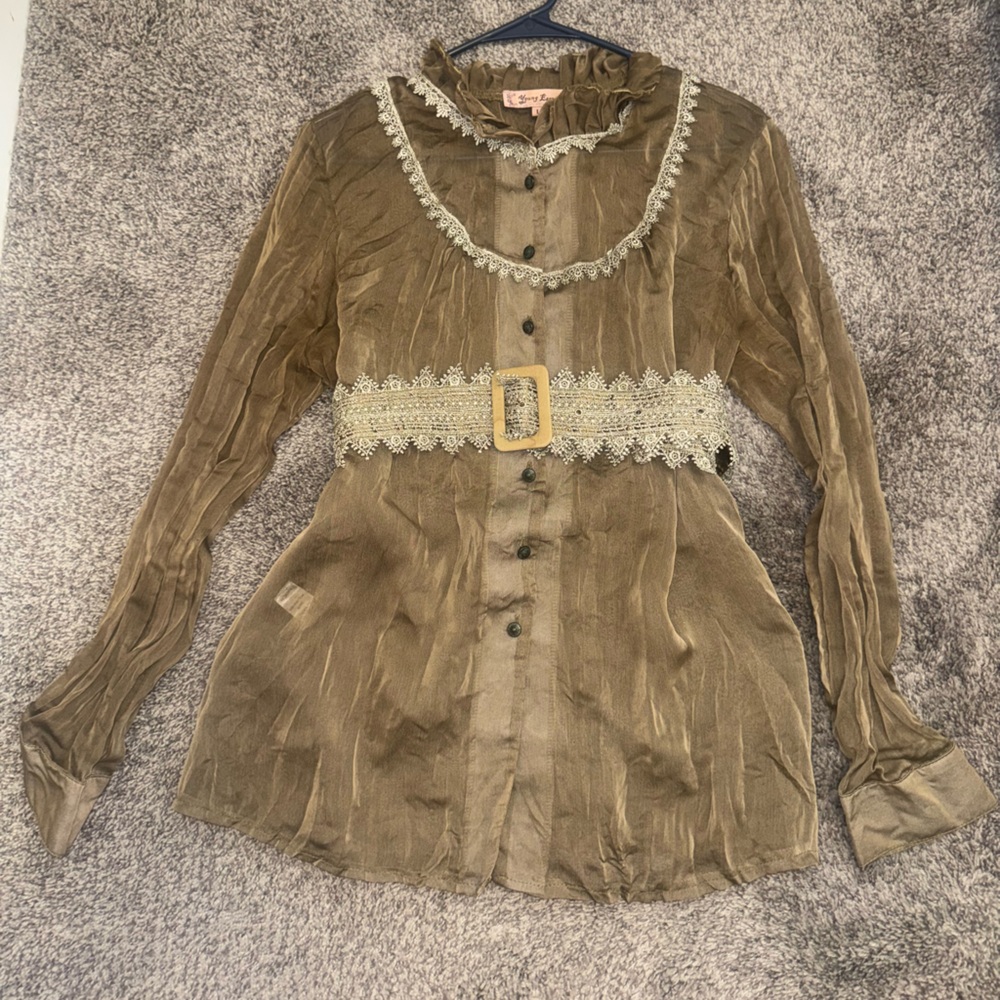 YOUNG ESSENCE Sheer Button-Down Blouse with Lace Trim + Matching Belt Size L